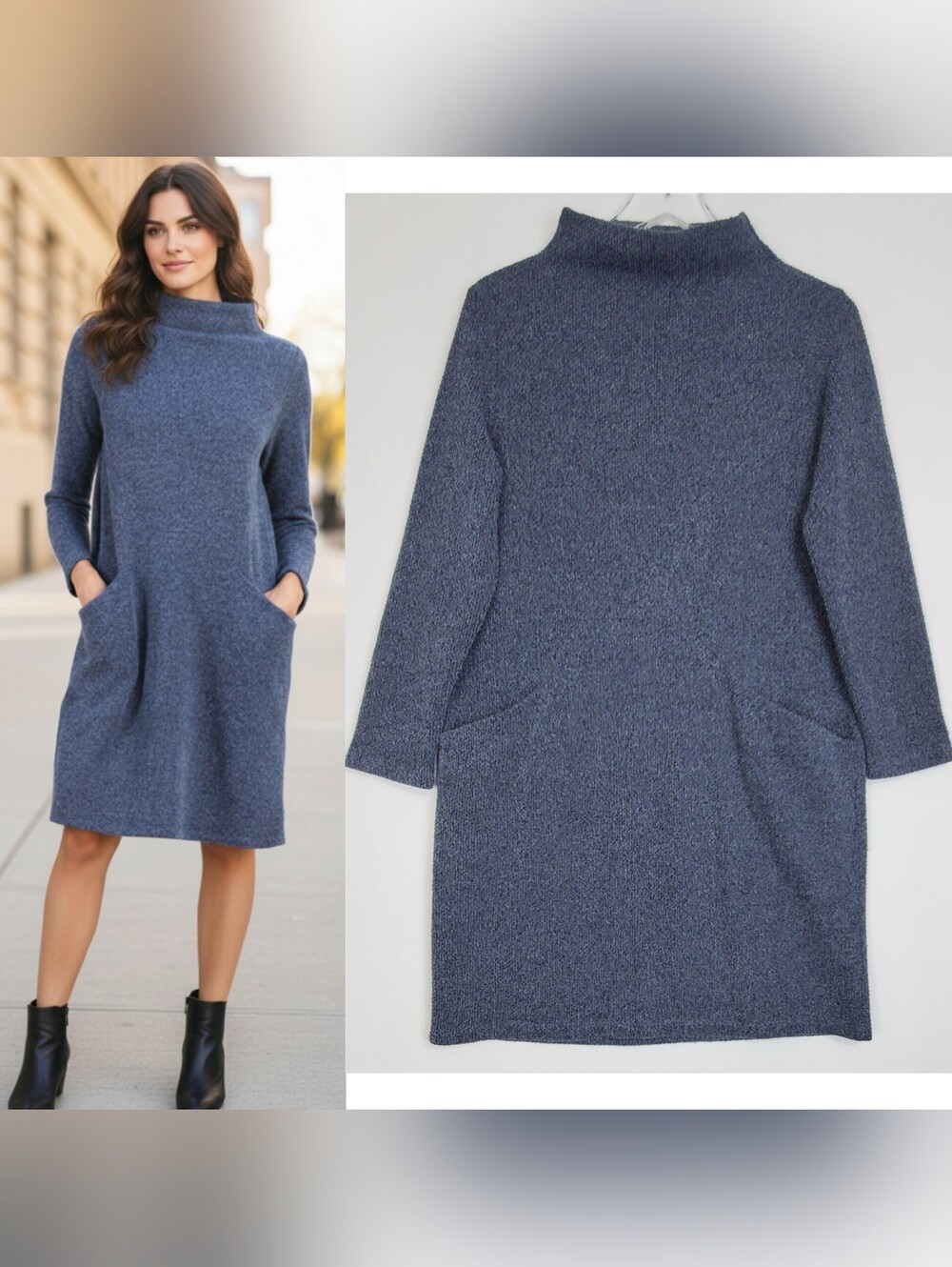 Clara Sun Woo medium knit sweater dress cowl neck blue pockets pullover stretch